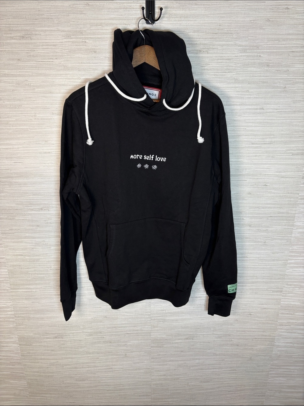 CHNGE Black Pullover Hoodie with White Drawcords More Self Love